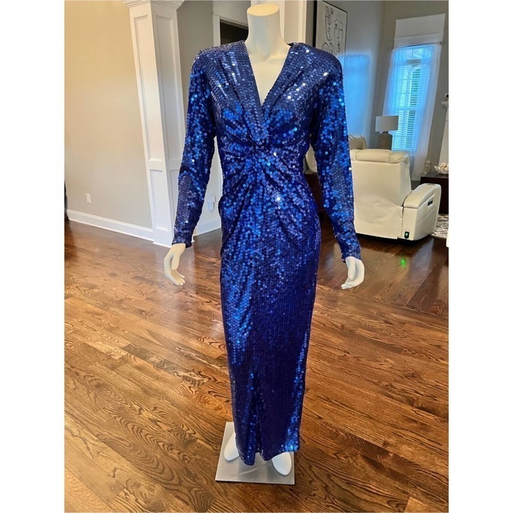 Oleg Cassini,Beautiful Shimmery Royal Blue Sequin, long sleeve Vintage Gown 10 - Picture 4 of 15